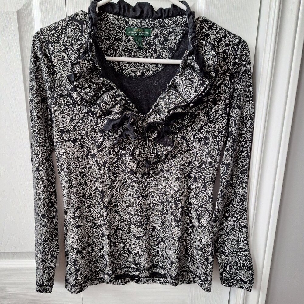 Lauren Ralph Lauren Black and White 100% Cotton Paisley Ruffle Top